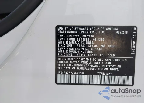 2018 Volkswagen Atlas 3.6L V6 Sel z USA, uszkodzony, nr VIN 1V2SR2CA7JC561180